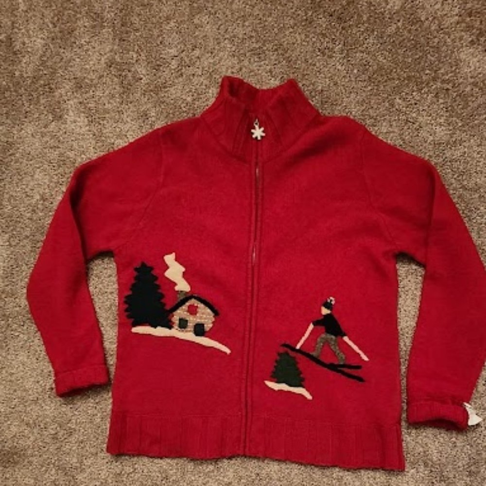 Vintage 100% Wool Skier Applique Front Zip Sweater
